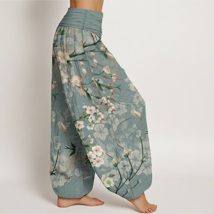 Pantalones harén de algodón puro con estampado de gansos voladores y flores de melocotón de Buddha Stones para mujer, cintura elástica