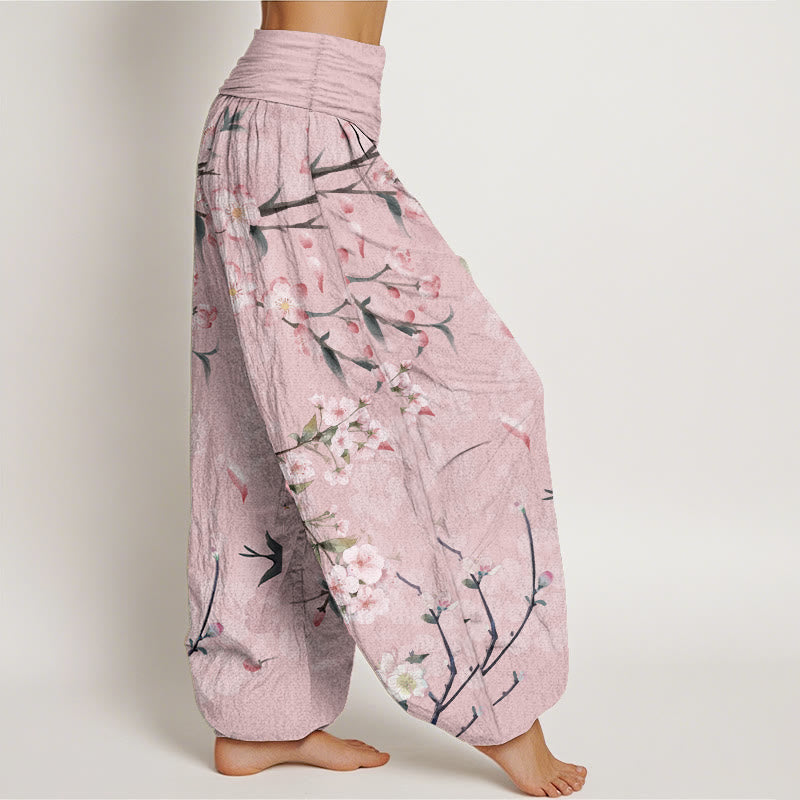 Pantalones harén de algodón puro con estampado de gansos voladores y flores de melocotón de Buddha Stones para mujer, cintura elástica