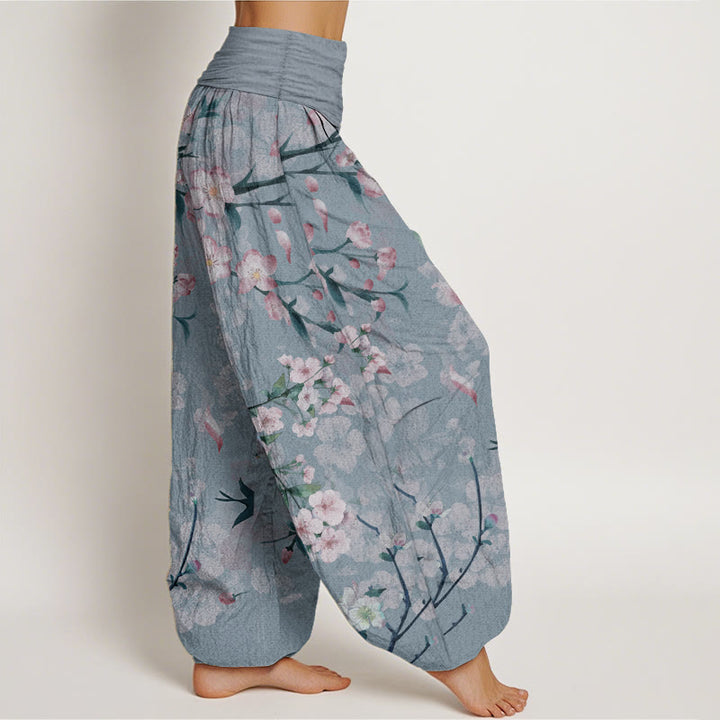 Pantalones harén de algodón puro con estampado de gansos voladores y flores de melocotón de Buddha Stones para mujer, cintura elástica