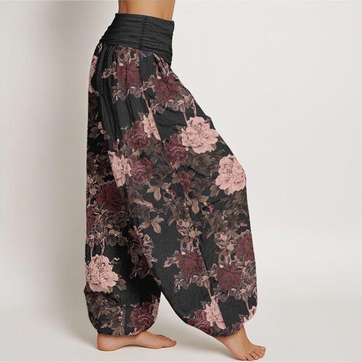 Pantalones Buddha Stones de algodón puro con estampado de peonías y hojas para mujer, informales, con cintura elástica