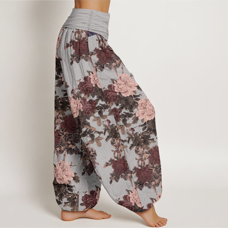 Pantalones Buddha Stones de algodón puro con estampado de peonías y hojas para mujer, informales, con cintura elástica