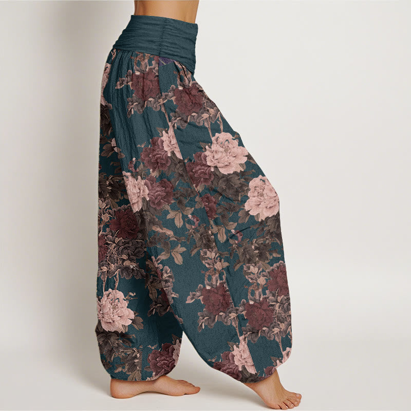 Pantalones Buddha Stones de algodón puro con estampado de peonías y hojas para mujer, informales, con cintura elástica