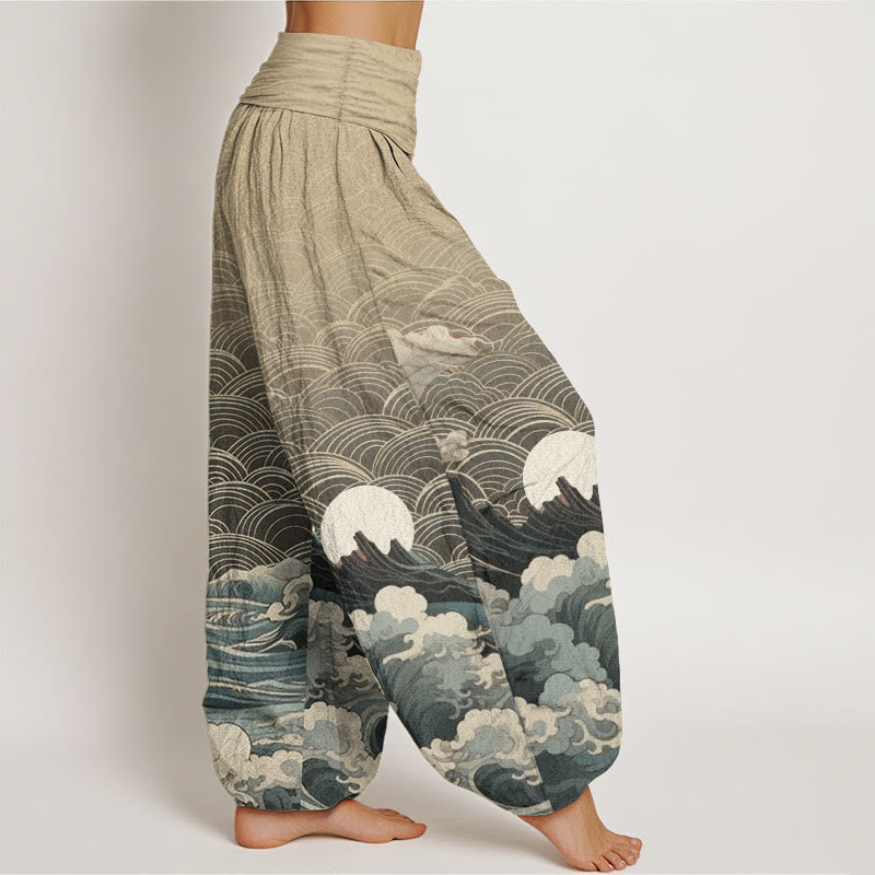 Pantalones Buddha Stones de algodón puro con estampado de ondas, luna y montaña para mujer, cintura elástica - image 10