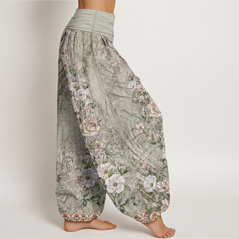 Pantalones Buddha Stones de algodón puro con estampado floral étnico y tótem étnico para mujer, cintura elástica