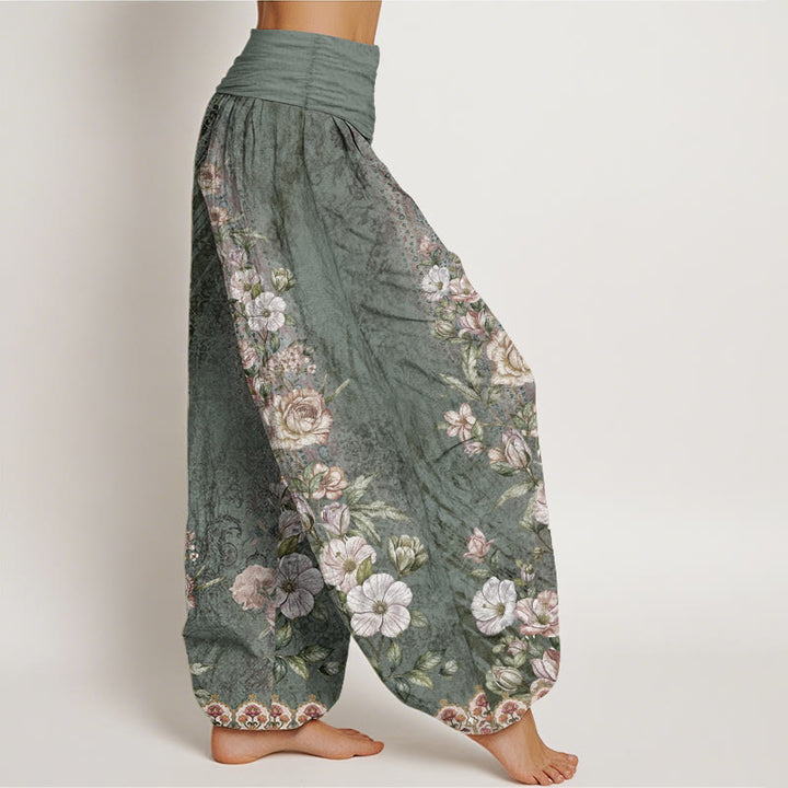 Pantalones Buddha Stones de algodón puro con estampado floral étnico y tótem étnico para mujer, cintura elástica