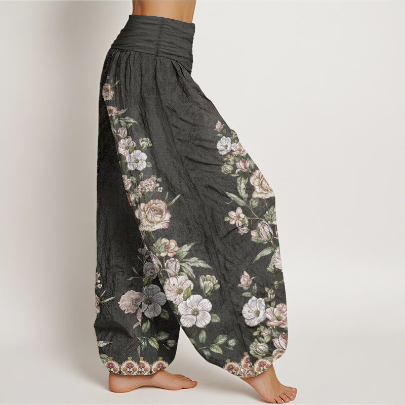Pantalones Buddha Stones de algodón puro con estampado floral étnico y tótem étnico para mujer, cintura elástica
