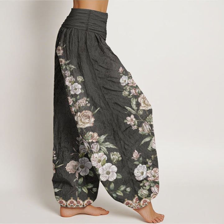 Pantalones Buddha Stones de algodón puro con estampado floral étnico y tótem étnico para mujer, cintura elástica