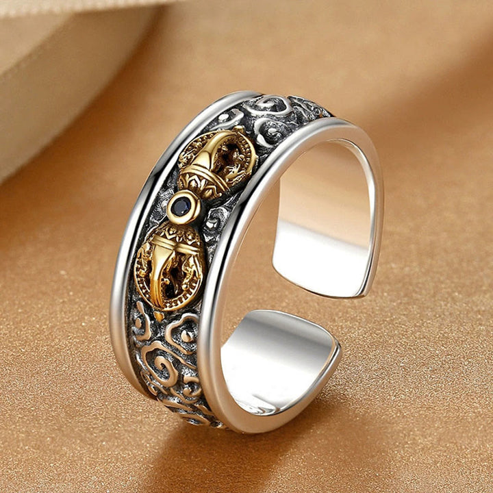 Anillo de equilibrio de plata bañada en cobre con diseño de nubes auspiciosas y vajra tibetano vintage con Buddha Stones - Cobre - image 1