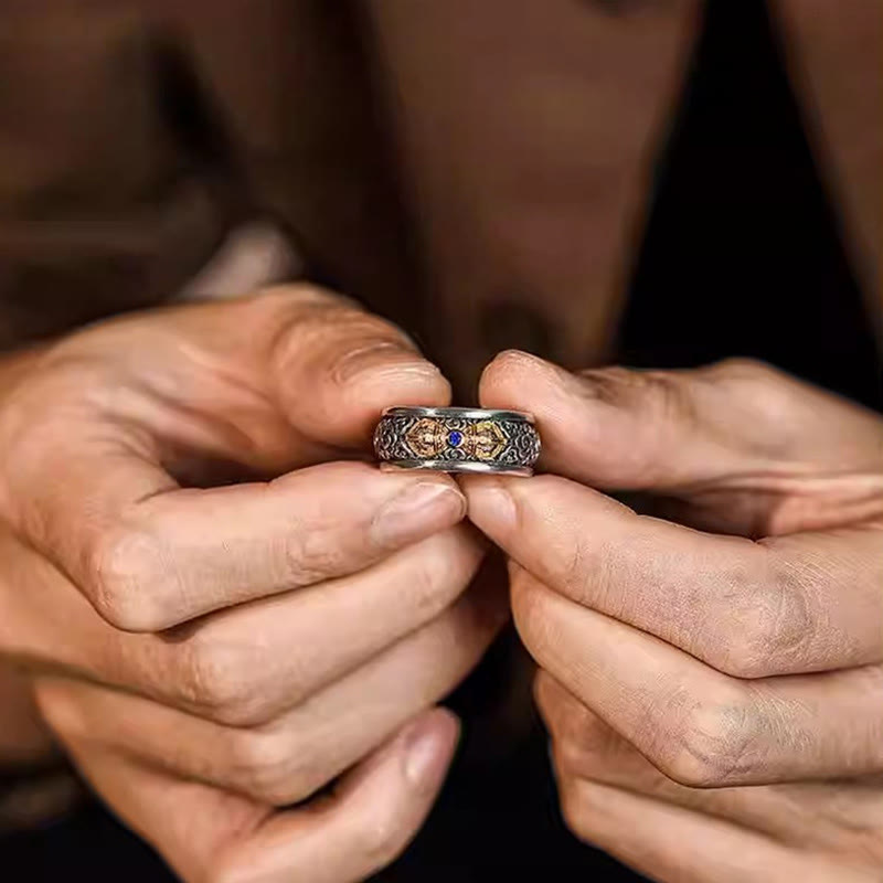 Anillo de equilibrio de plata bañada en cobre con diseño de nubes auspiciosas y vajra tibetano vintage con Buddha Stones - image 4