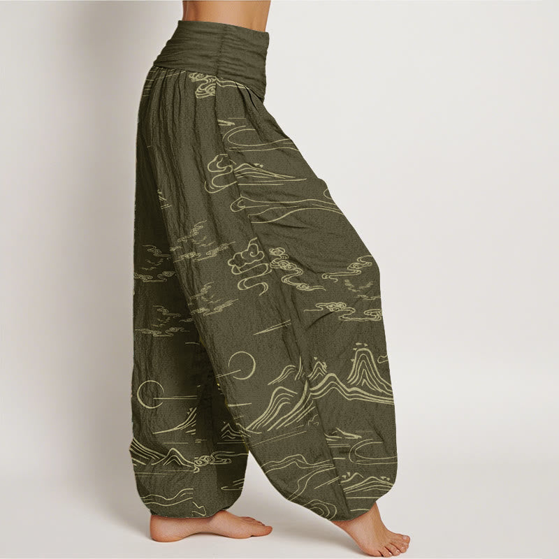 Pantalones harén de algodón puro con diseño de Buddha Stones, montaña, luna y nubes auspiciosas para mujer, con cintura elástica