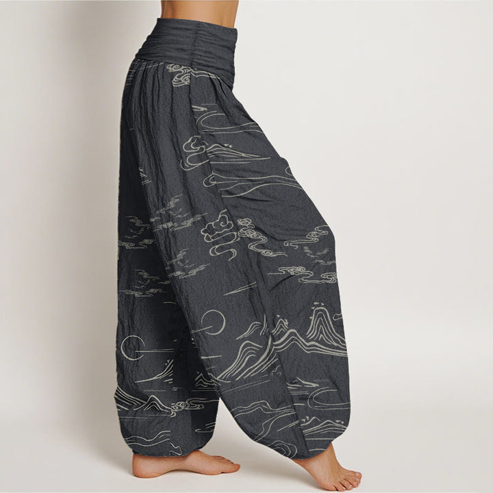 Pantalones harén de algodón puro con diseño de Buddha Stones, montaña, luna y nubes auspiciosas para mujer, con cintura elástica