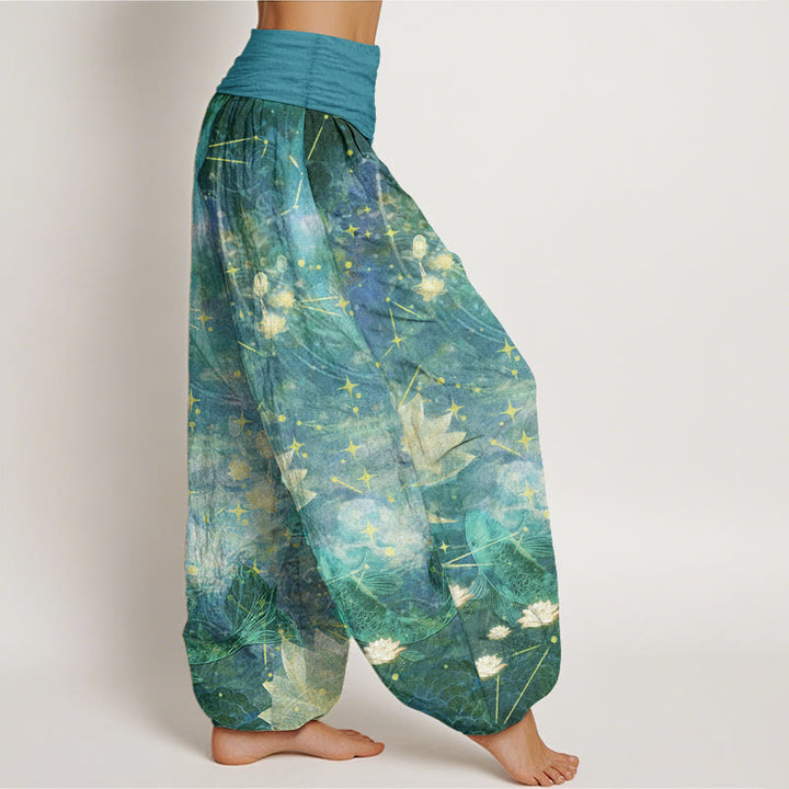 Pantalones Buddha Stones de algodón puro con estampado de peces koi, loto, luna y estrellas para mujer, con cintura elástica