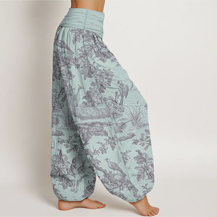 Pantalones Buddha Stones de algodón puro con diseño de pájaros, ramas y árboles para mujer, con cintura elástica