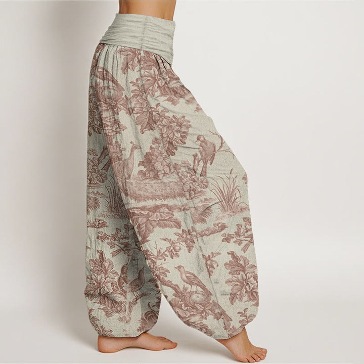 Pantalones Buddha Stones de algodón puro con diseño de pájaros, ramas y árboles para mujer, con cintura elástica