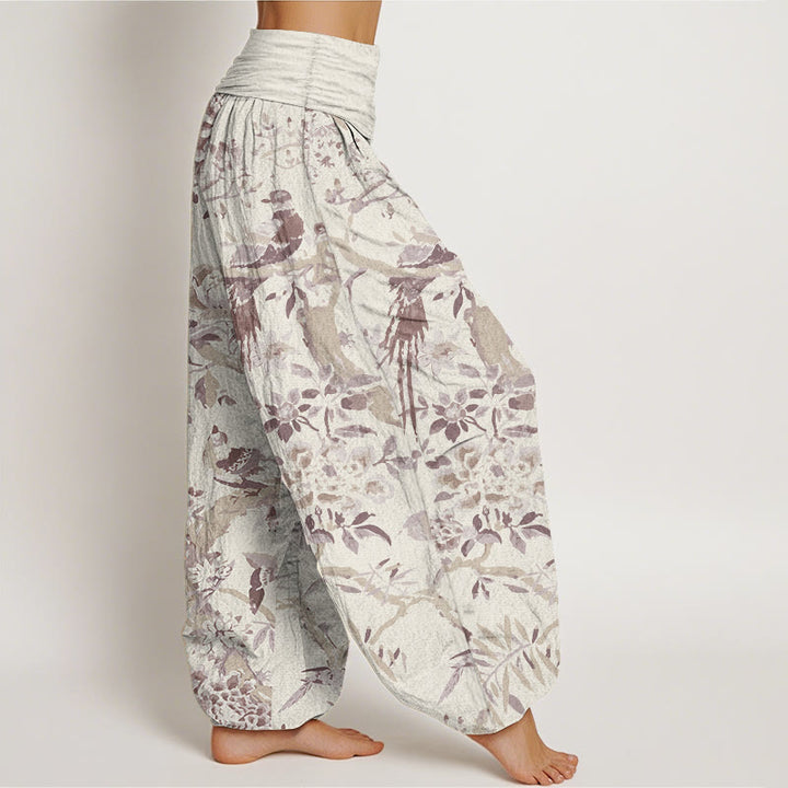 Pantalones harén de algodón puro con diseño de pájaros , ramas y flores para mujer, con cintura elástica