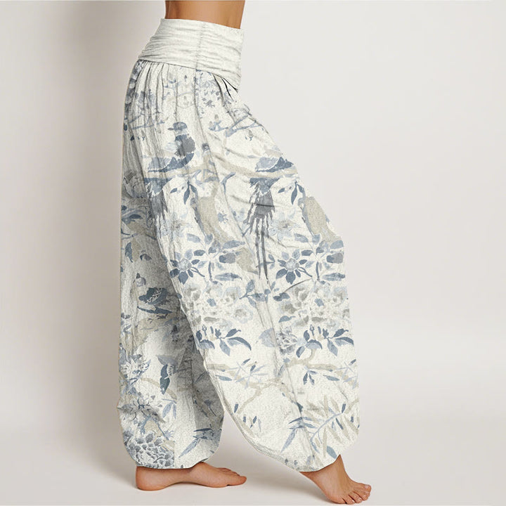 Pantalones harén de algodón puro con diseño de pájaros , ramas y flores para mujer, con cintura elástica