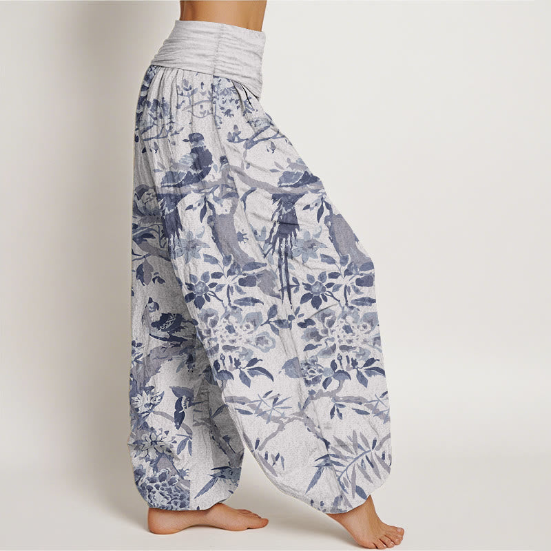 Pantalones harén de algodón puro con diseño de pájaros , ramas y flores para mujer, con cintura elástica