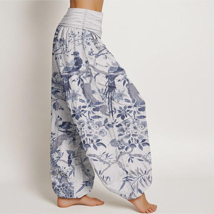 Pantalones harén de algodón puro con diseño de pájaros , ramas y flores para mujer, con cintura elástica