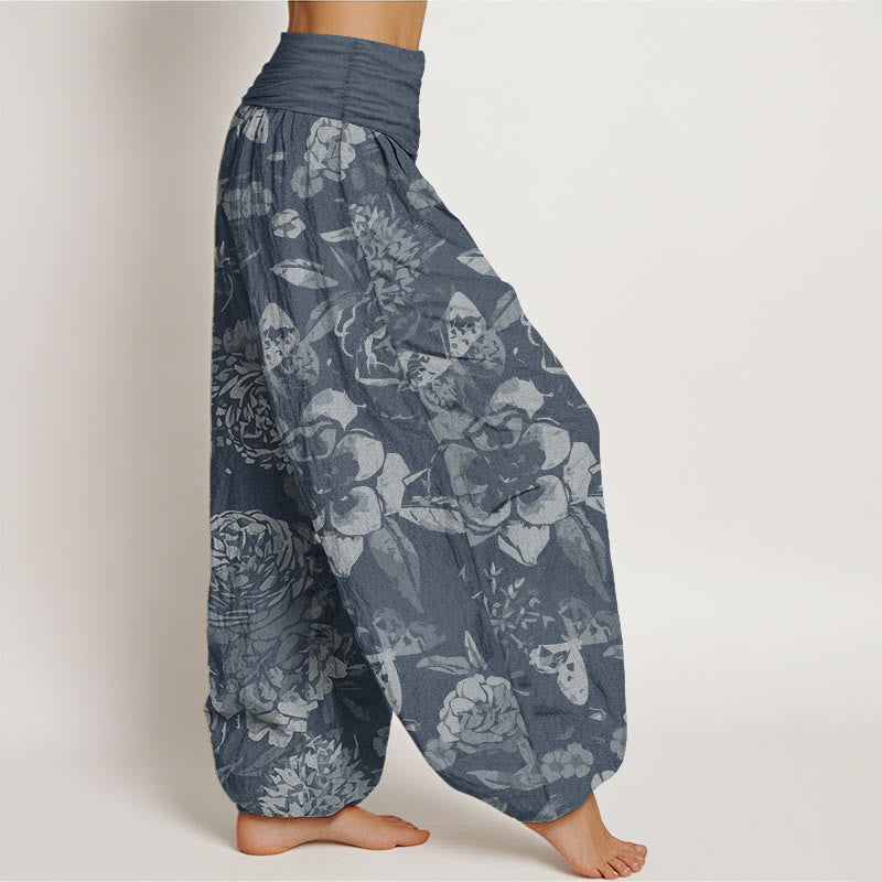 Pantalones Buddha Stones de algodón puro con estampado de peonías y hojas para mujer, con cintura elástica