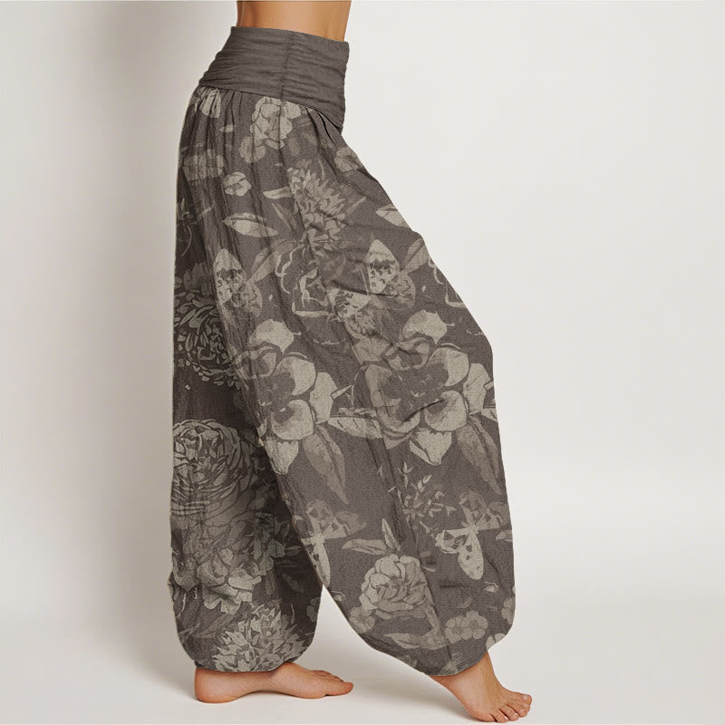 Pantalones Buddha Stones de algodón puro con estampado de peonías y hojas para mujer, con cintura elástica
