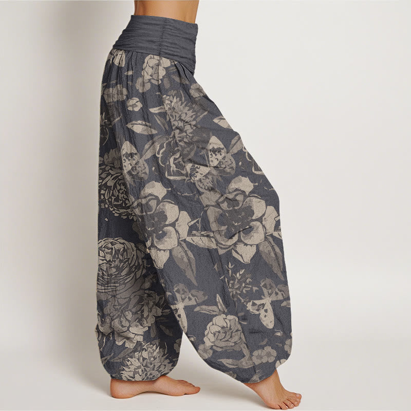 Pantalones Buddha Stones de algodón puro con estampado de peonías y hojas para mujer, con cintura elástica