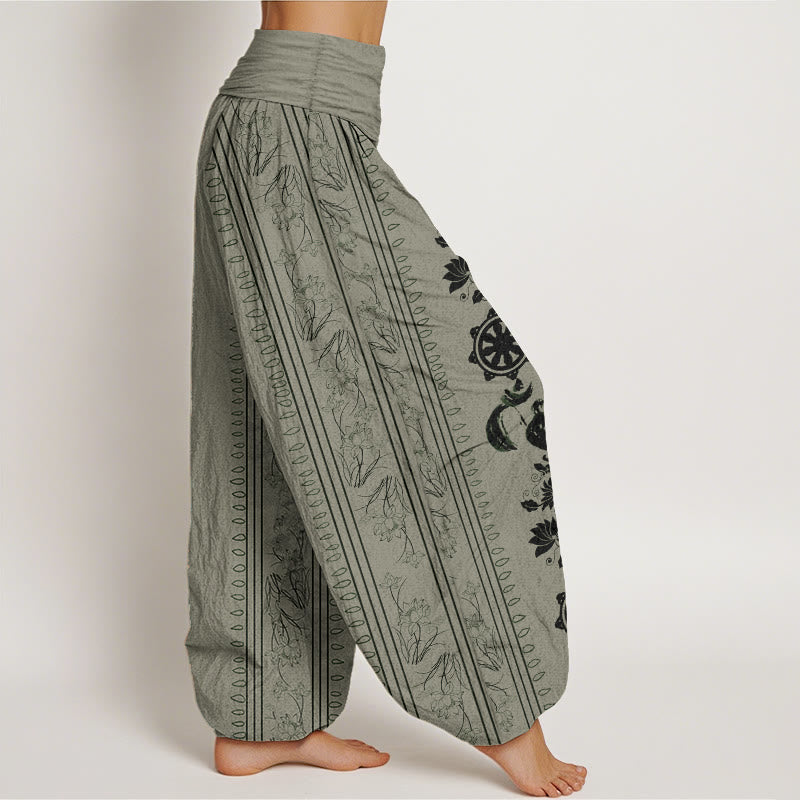 Pantalones Buddha Stones de algodón puro con diseño de rueda del Dharma y loto OM para mujer, con cintura elástica