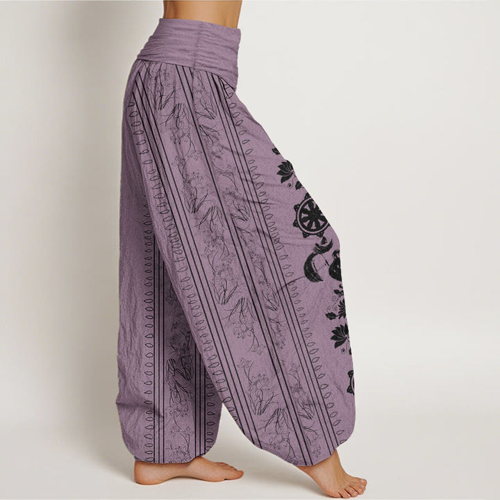 Pantalones Buddha Stones de algodón puro con diseño de rueda del Dharma y loto OM para mujer, con cintura elástica
