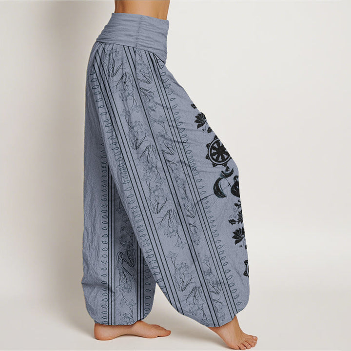 Pantalones Buddha Stones de algodón puro con diseño de rueda del Dharma y loto OM para mujer, con cintura elástica