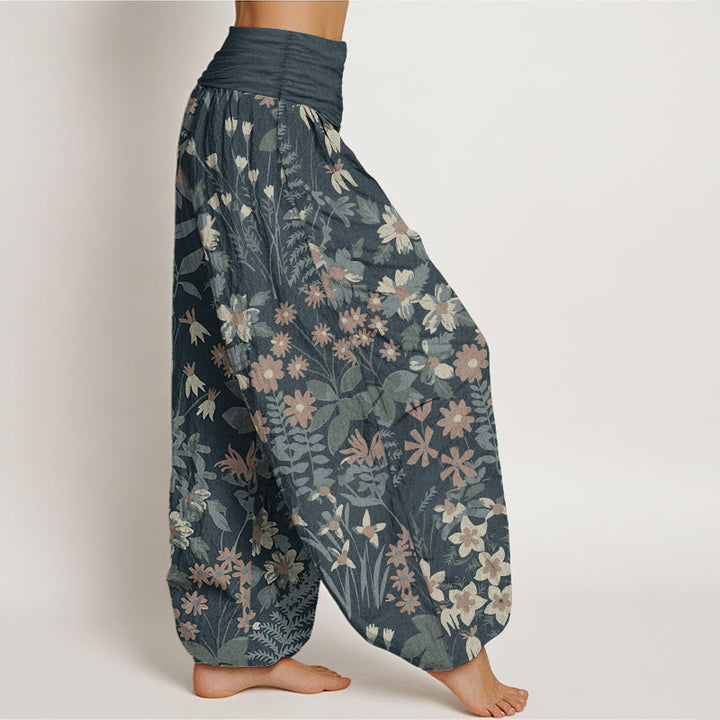 Buddha Stones harén de algodón puro con diseño de margaritas y hojas para mujer, con cintura elástica