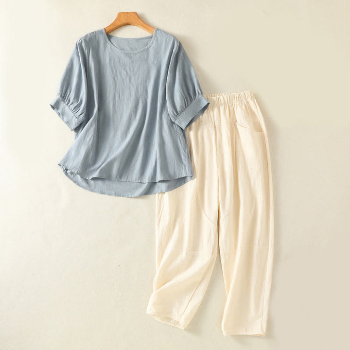 Conjunto de ropa de meditación Buddha Stones de 2 piezas: camisa de manga corta lisa para mujer, pantalones harem. - Azul cielo claro - US8-10，UK/AU12-14，EU40-42 (2XL) - image 0