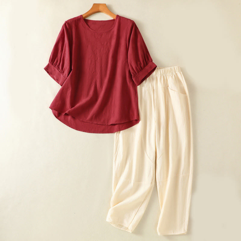 Conjunto de ropa de meditación Buddha Stones de 2 piezas: camisa de manga corta lisa para mujer, pantalones harem. - Marrón - US8-10，UK/AU12-14，EU40-42 (2XL) - image 23