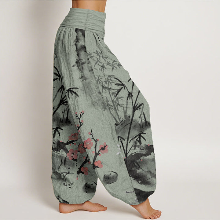 Pantalones harén de cintura elástica para mujer, con estampado de orquídeas, crisantemos, flores de ciruelo y algodón puro de Buddha Stones