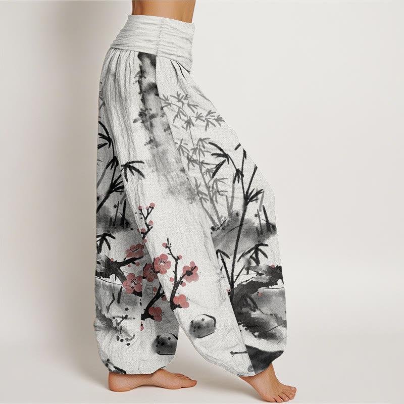 Pantalones harén de cintura elástica para mujer, con estampado de orquídeas, crisantemos, flores de ciruelo y algodón puro de Buddha Stones