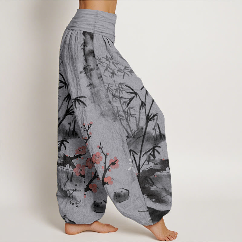 Pantalones harén de cintura elástica para mujer, con estampado de orquídeas, crisantemos, flores de ciruelo y algodón puro de Buddha Stones
