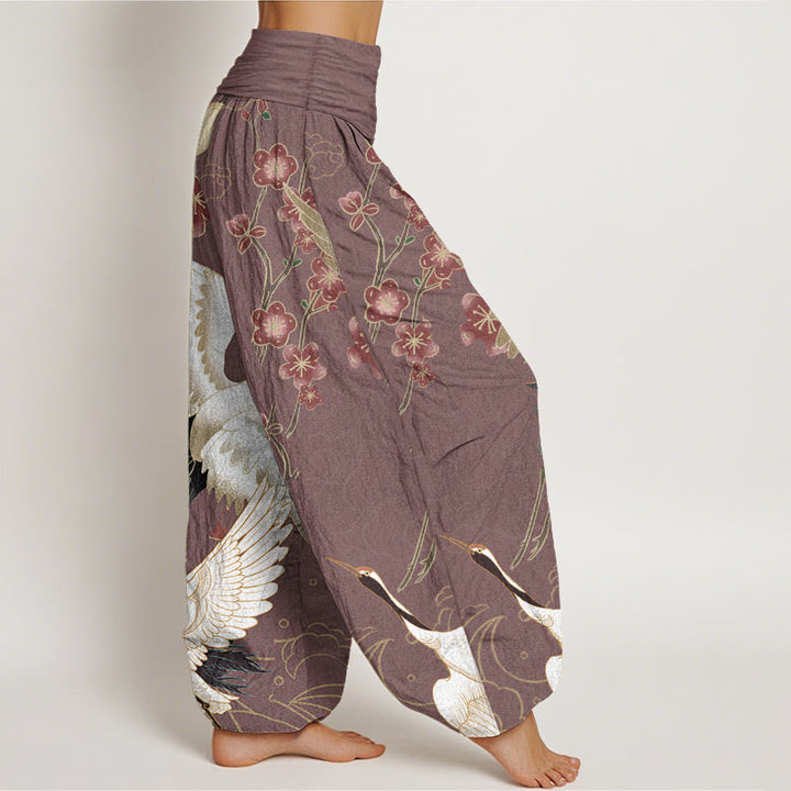 Pantalones Buddha Stones de algodón puro con diseño de grullas, flores y nubes auspiciosas para mujer, con cintura elástica