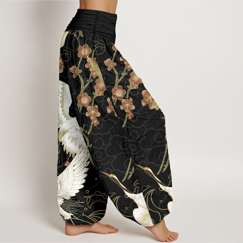 Pantalones Buddha Stones de algodón puro con diseño de grullas, flores y nubes auspiciosas para mujer, con cintura elástica