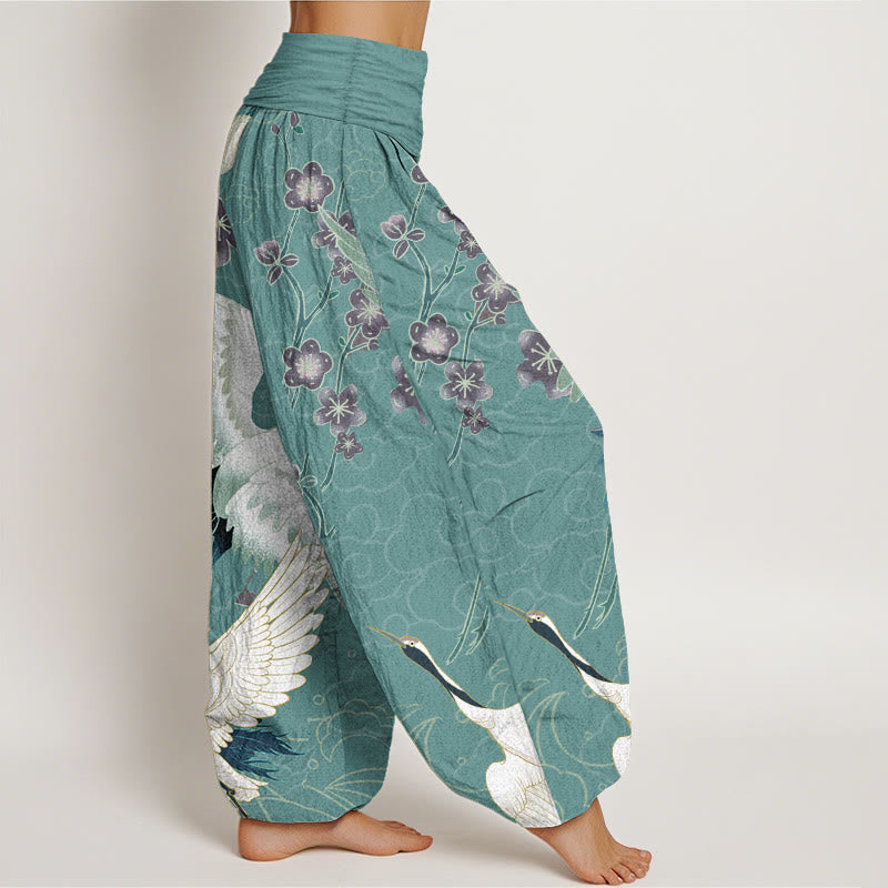 Pantalones Buddha Stones de algodón puro con diseño de grullas, flores y nubes auspiciosas para mujer, con cintura elástica