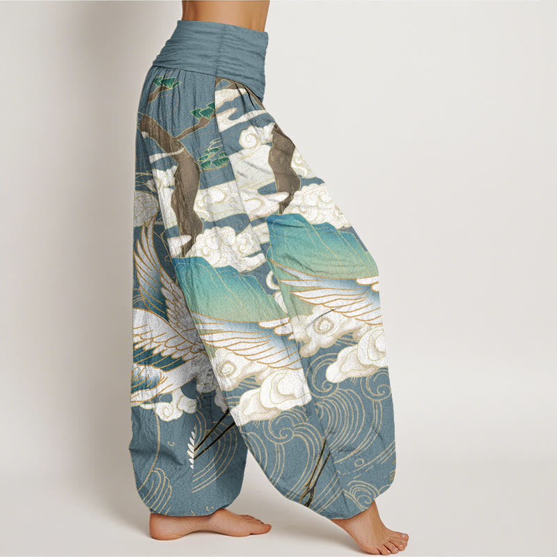 Pantalones harén de cintura elástica para mujer con diseño de grullas voladoras de algodón puro y Buddha Stones , árbol de nubes auspiciosas