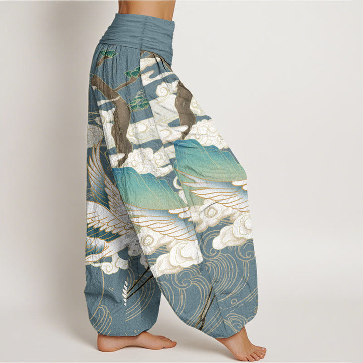 Pantalones harén de cintura elástica para mujer con diseño de grullas voladoras de algodón puro y Buddha Stones , árbol de nubes auspiciosas