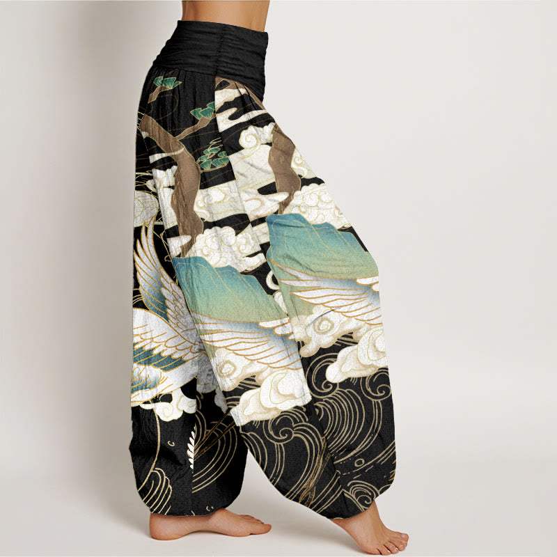 Pantalones harén de cintura elástica para mujer con diseño de grullas voladoras de algodón puro y Buddha Stones , árbol de nubes auspiciosas