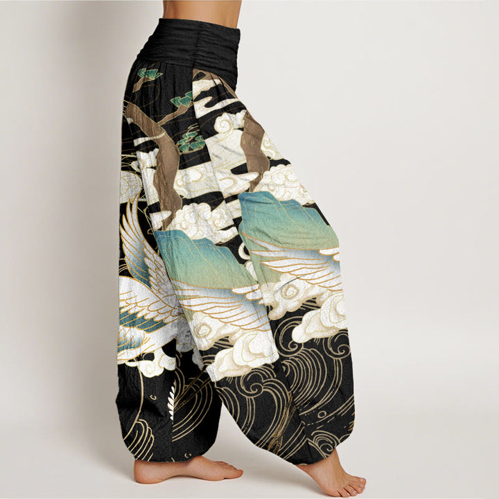 Pantalones harén de cintura elástica para mujer con diseño de grullas voladoras de algodón puro y Buddha Stones , árbol de nubes auspiciosas