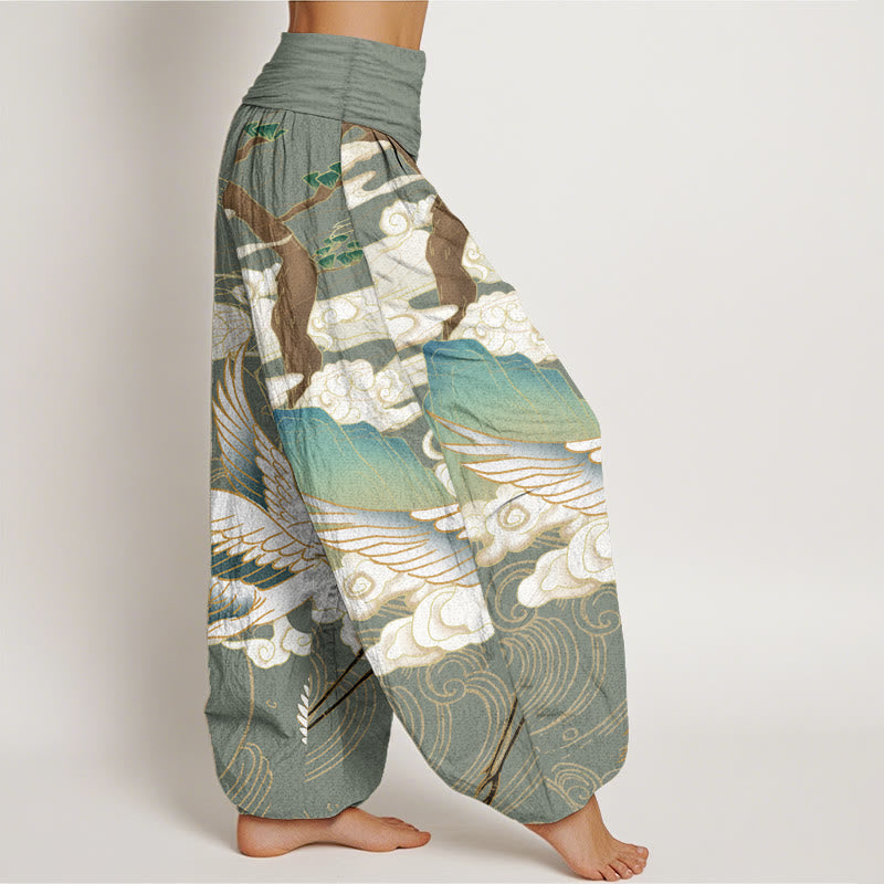 Pantalones harén de cintura elástica para mujer con diseño de grullas voladoras de algodón puro y Buddha Stones , árbol de nubes auspiciosas