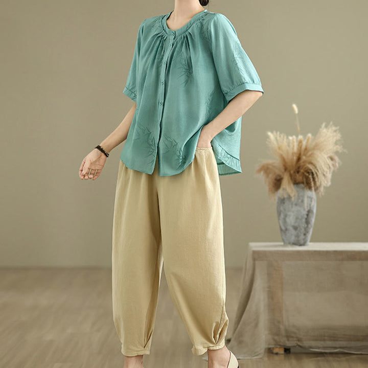 Conjunto de 2 piezas de camisa de manga corta y pantalones harén para mujer con Buddha Stones y ropa de meditación informal - image 4