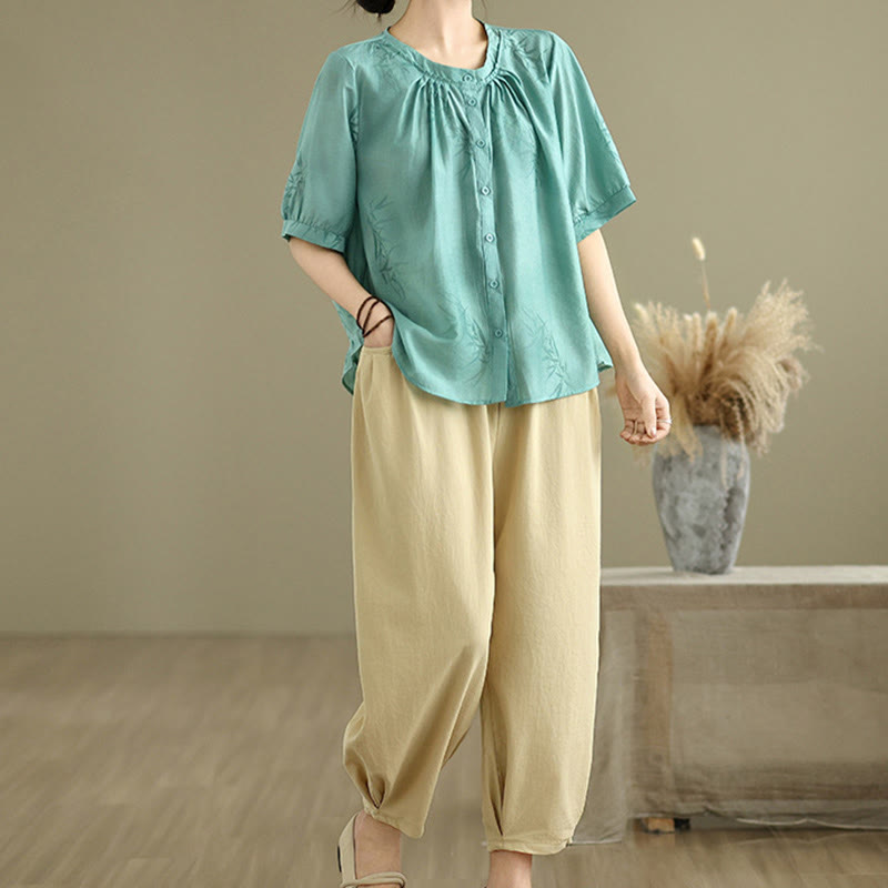 Conjunto de 2 piezas de camisa de manga corta y pantalones harén para mujer con Buddha Stones y ropa de meditación informal - image 6