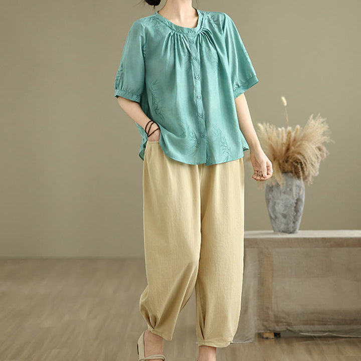 Conjunto de 2 piezas de camisa de manga corta y pantalones harén para mujer con Buddha Stones y ropa de meditación informal - image 6