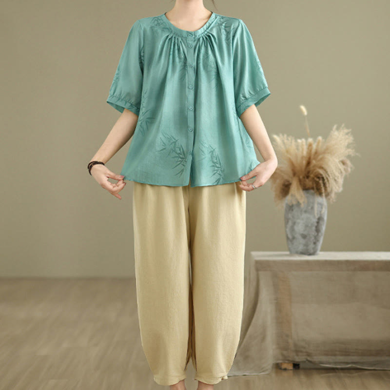 Conjunto de 2 piezas de camisa de manga corta y pantalones harén para mujer con Buddha Stones y ropa de meditación informal - image 3