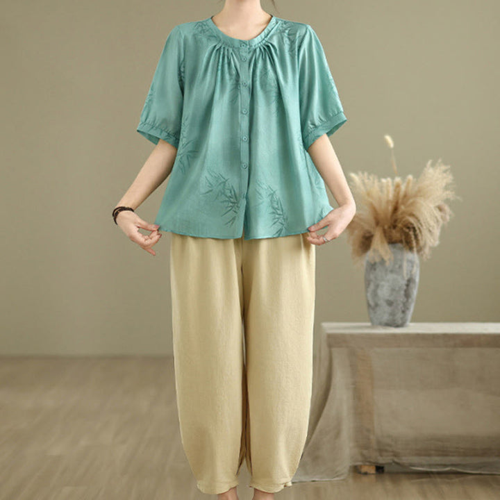 Conjunto de 2 piezas de camisa de manga corta y pantalones harén para mujer con Buddha Stones y ropa de meditación informal - image 3