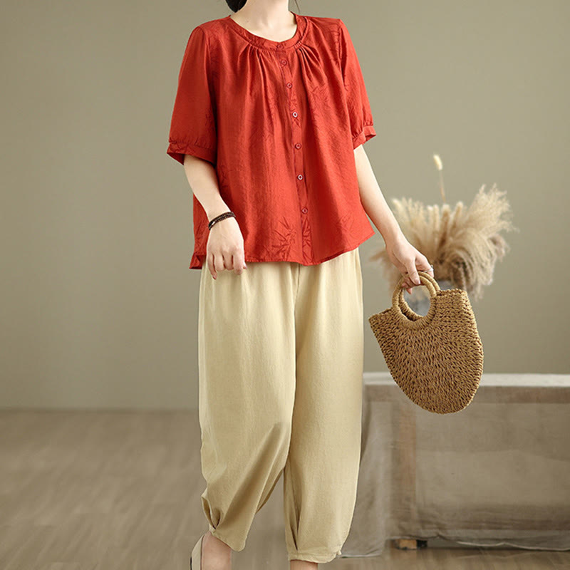Conjunto de 2 piezas de camisa de manga corta y pantalones harén para mujer con Buddha Stones y ropa de meditación informal - image 12