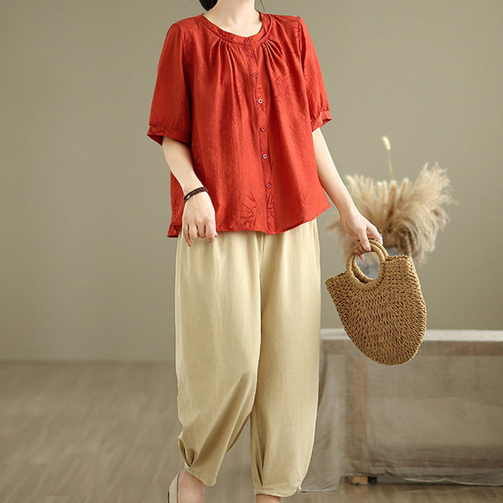 Conjunto de 2 piezas de camisa de manga corta y pantalones harén para mujer con Buddha Stones y ropa de meditación informal - image 12