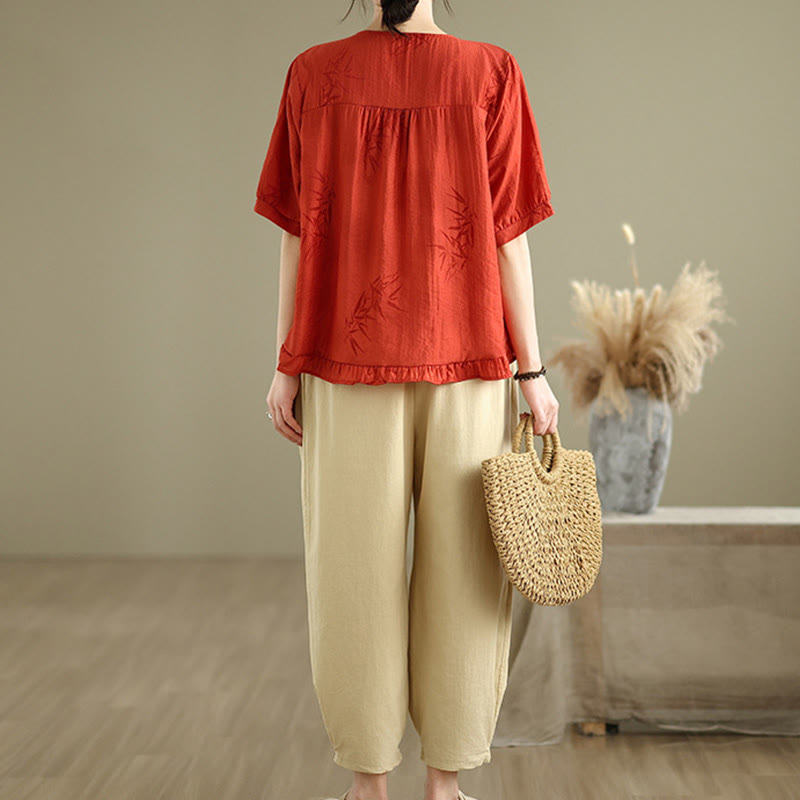 Conjunto de 2 piezas de camisa de manga corta y pantalones harén para mujer con Buddha Stones y ropa de meditación informal - image 9